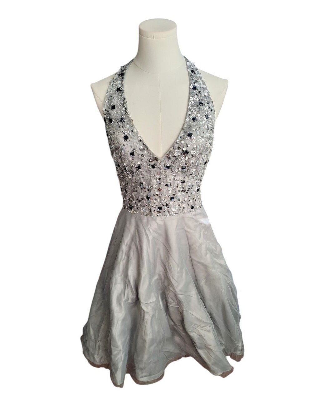 Antonio Castelli Silver Gem Sequins Tulle Skirt Ribbon Halter Prom Dress Size 4